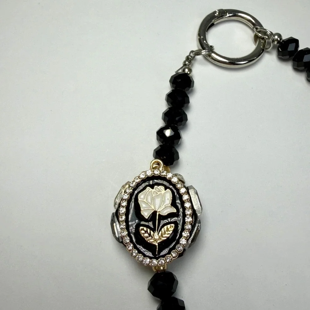 Boutique Black Crystal‎ Rose Bag Charm Chic Goth Coquette Lariat Purse Sparkle